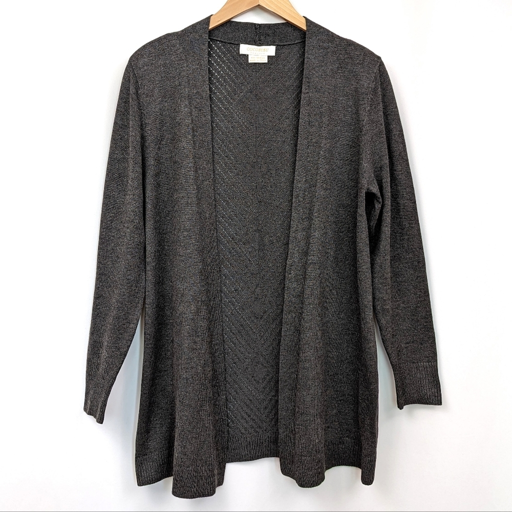 Cocobleu Cardigan Open Front  Lightweight Diamond Pattern Eyelet Charcoal Gray M
